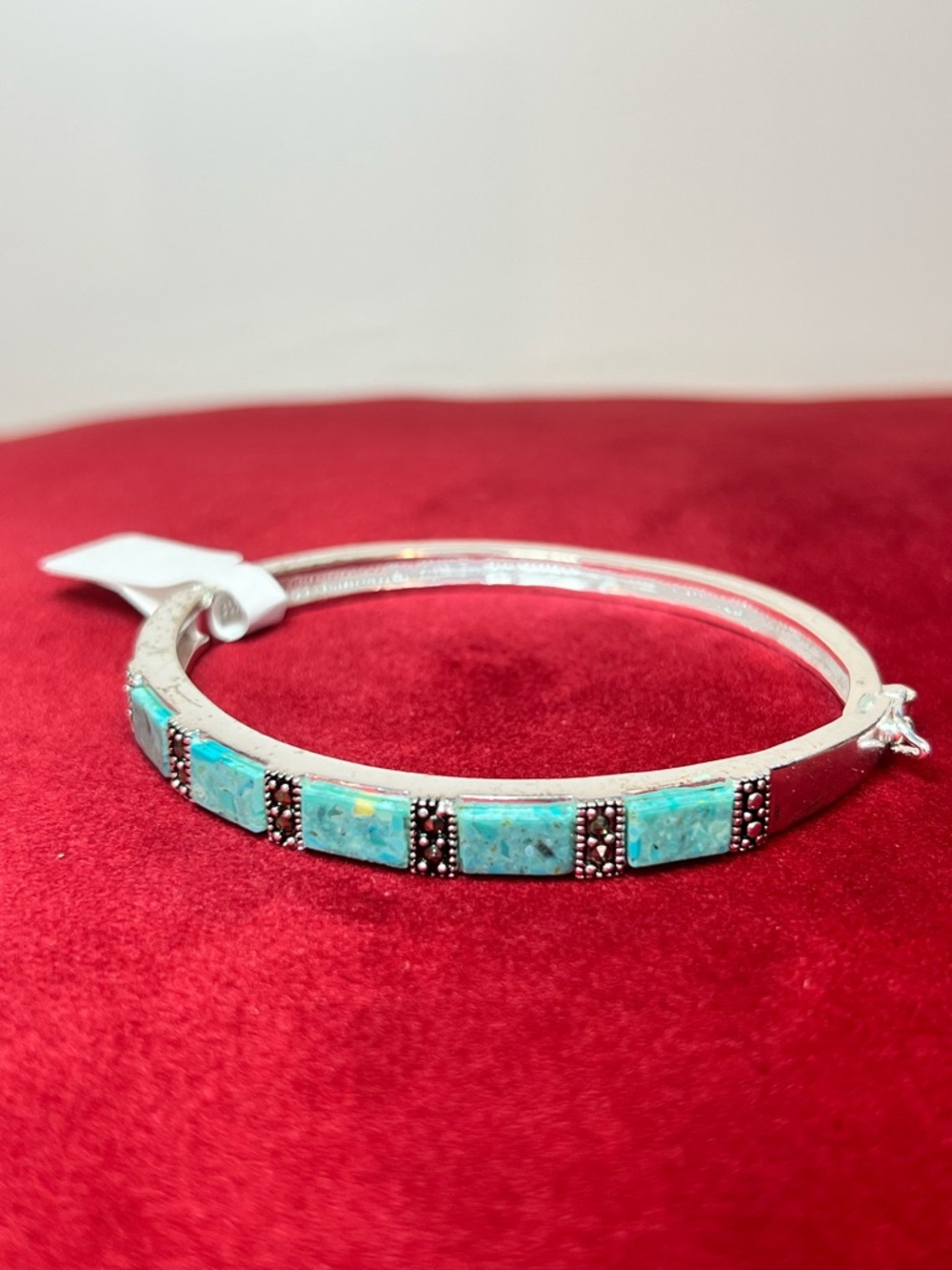 Fine Silver Stamped $90 Faux Torquoise stone Hinged Bangle Bracelet vintage